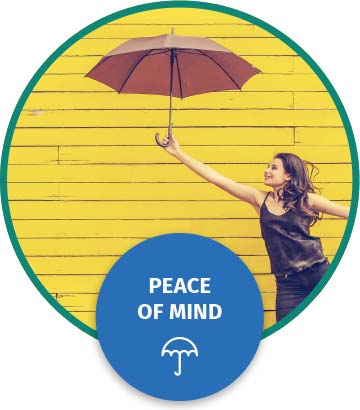 Woman with umbrella text reads peace of mind sign