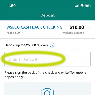 Green circle around box where check amount should be entered
