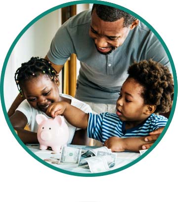 A father and two young children count money and put into piggy bank