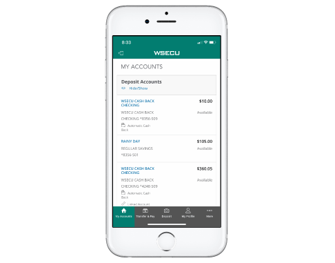 a mobile phone with the WSECU mobile banking app open