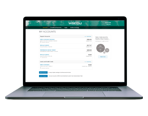 a laptop open to the home screen of WSECU online banking