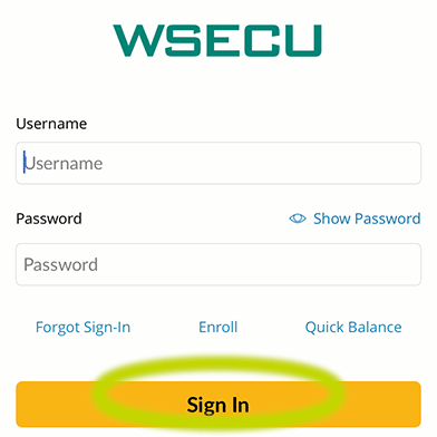 Sign in screen on mobile banking