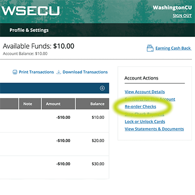 Green circle around Re-order checks link in the top navigation