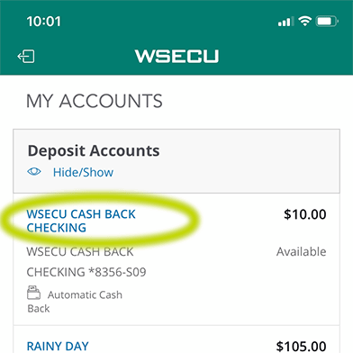 My Accounts screen with a green circle around selected account